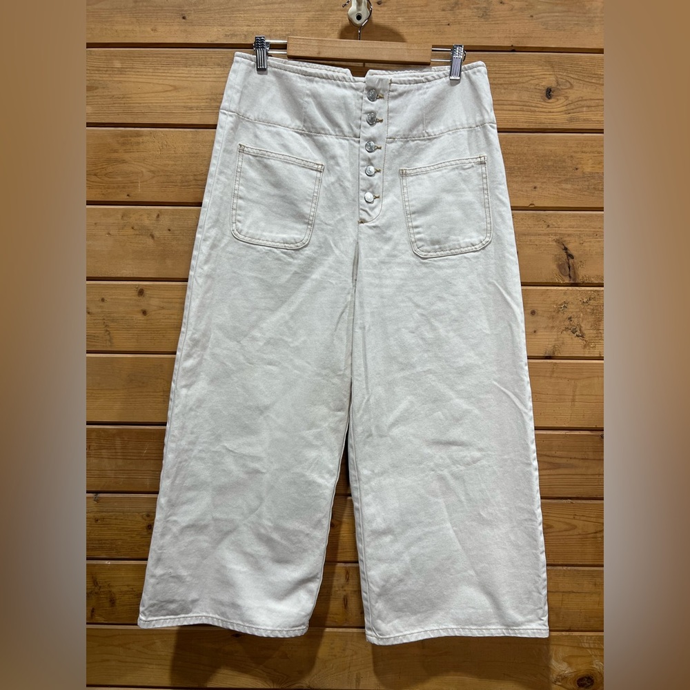 Free People High Waist Extreme Wide Leg Pants Eggshell Buckle Back Size 31